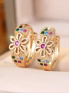 Flower design colored sparkling zirconia earring hoop design trendy retro unique ethnic charmming earrings for women & girls, Perfect for weddings various occasions, Fashionable Jewelry Hoop Shape Earrings
