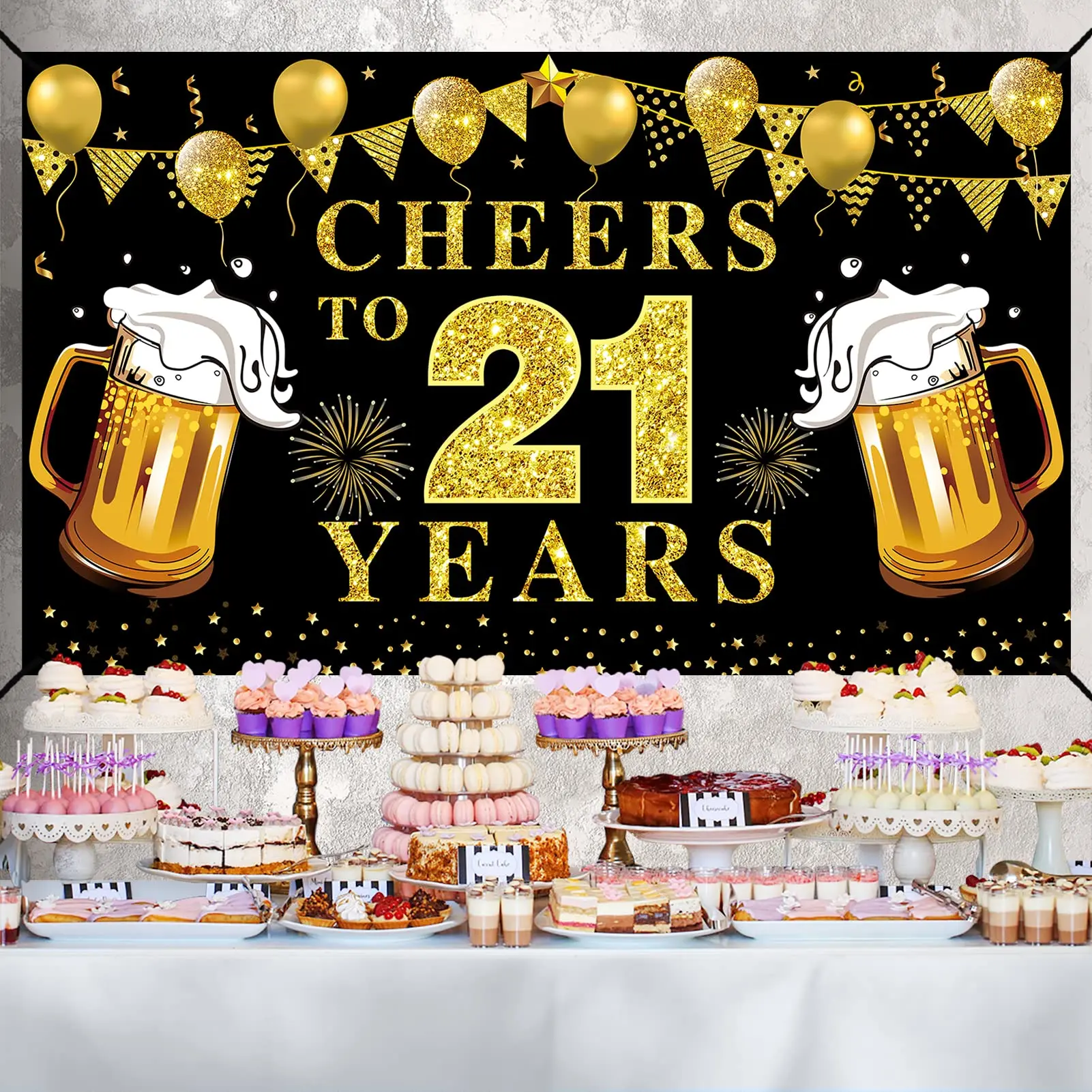 2D Flat Banner 1pc, Large Cheers to 21-70 Years Birthday Decor, Anniversary Photo Background Poster, Party Supplies