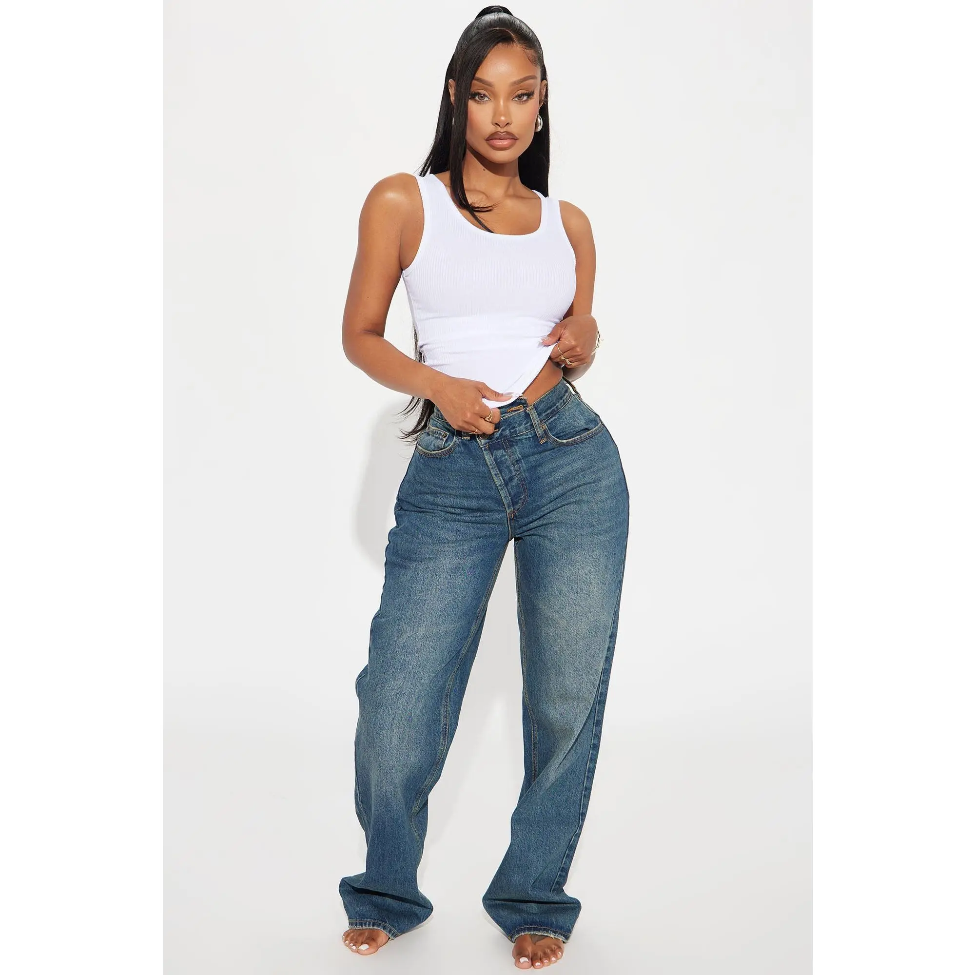 Crossover Straight Leg Tinted Jeans - Dark Wash