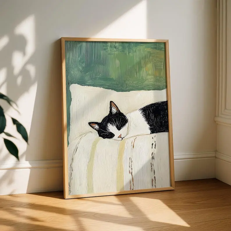[Sale off up to 50%] [Free ship] [No Frame] Sleeping Tuxedo Cat Print - Black and White Cat Artwork, Cat Painting, Cat Wall Art, Cat Poster, Cat Print, Sleeping Cat Art, Cat Lover Gift