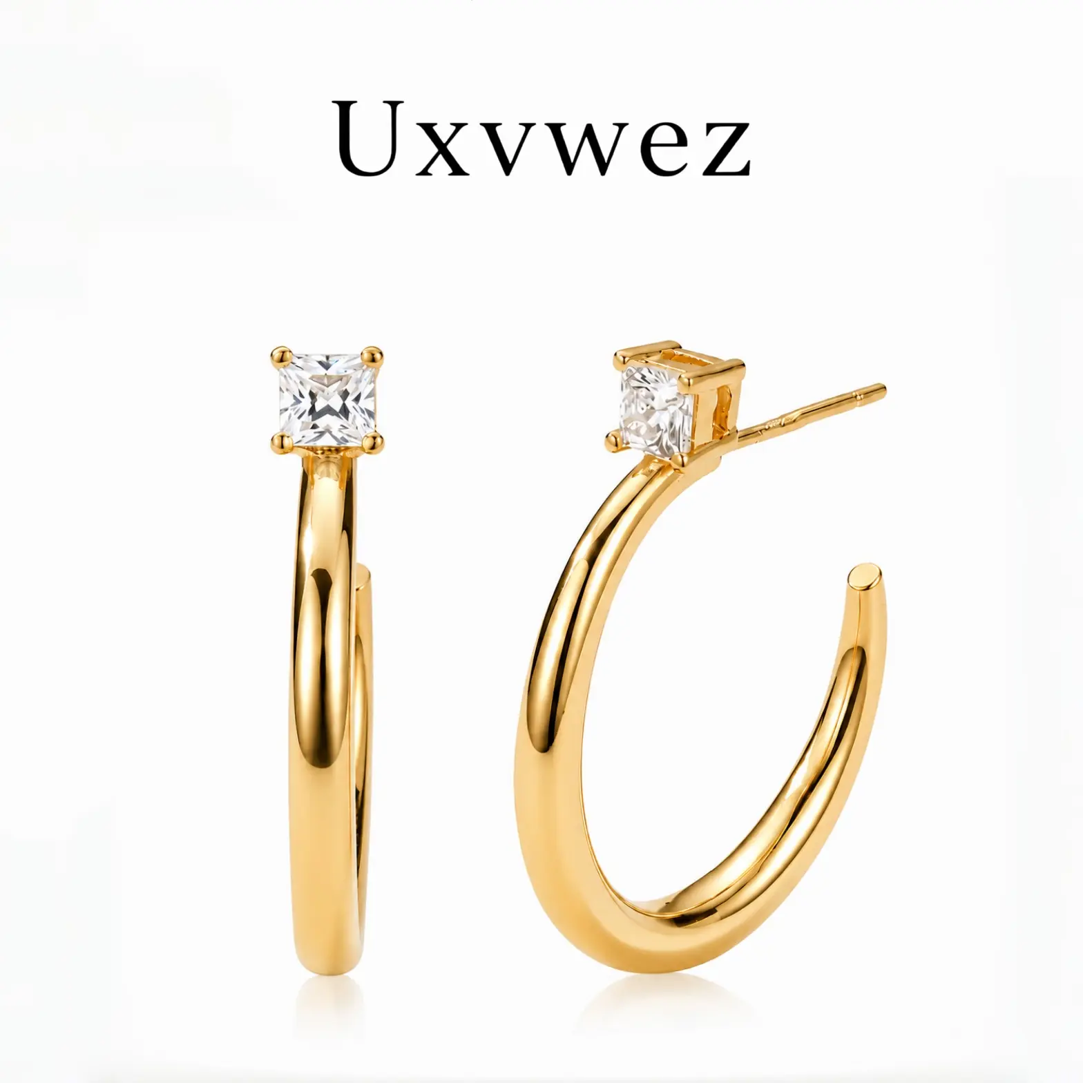 Uxvwez Earrings for Women, 14K Gold Plated Square CZ Chunky Hoop Earrings, Lightweight Modern Statement Jewelry, Daily Casual Work Party Wear Accessories, Stylish Ear Ornaments, Elegant Fashion Decoration, Birthday Holiday Gifts for Her