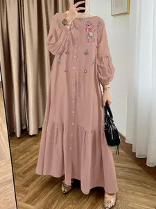 Women's Floral Formal Embroidery Button Front Long Sleeve Ruffle Trim Dress, Elegant Bishop Sleeve Round Neck Dress for Party Holiday Wedding Guest, Ladies Spring & Fall Clothes, Womenswear, Elegant Dresses