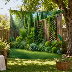 1PC Outdoor Garden Backdrop - 2D Flat Natural Green Plant Landscape Curtain, Backyard Decor, Reusable Garden Fence Wall Hanging Cloth, Sunproof Waterproof Durable Photography Backdrop,summervibes, Outdoor Decor