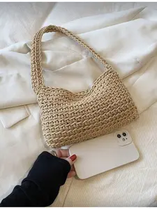 Women Khaki Foldable Crossbody Tote Bag Crochet Knit Handbag Fashion Casual Vacation Bag