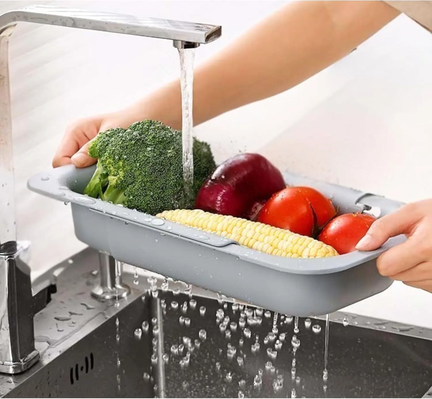Kitchen Sink Strainer Basket, Foldable Collapsible Drain Basket, Vegetable and Fruit Washing Colander with Storage Rack, Space Saving Kitchen Organizer for Daily Food Preparation, dealsforyou#SummerWins