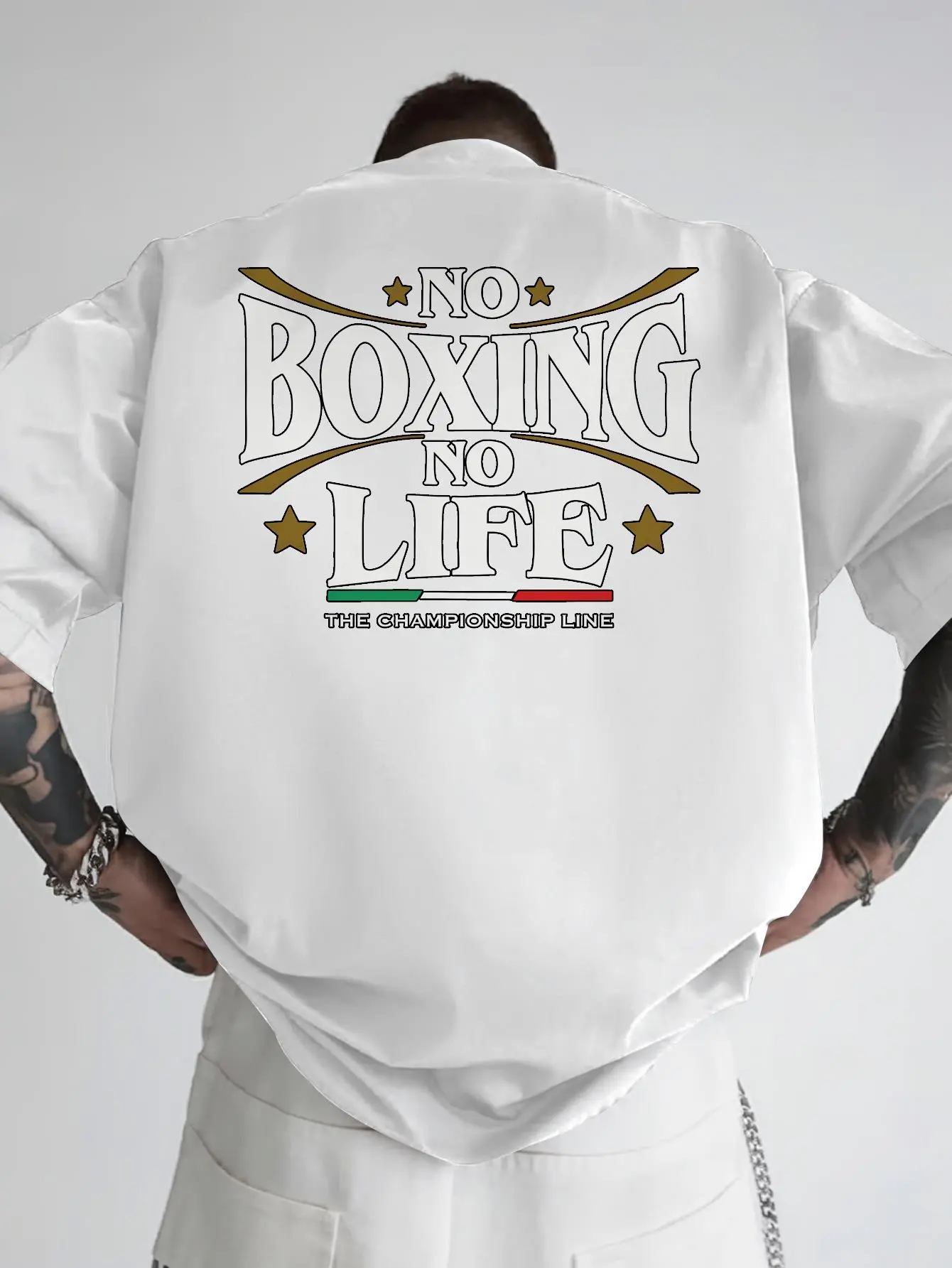 Men's NO BOXING NO LIFE Champ Back Print Boxing Gym Shirt - Soft Pure Cotton Loose Fit Training Top with Bold White & Golden Lettering - Lightweight Breathable Workout Tee for MMA, Streetwear, Boxing Apparel for Fighters & Fans