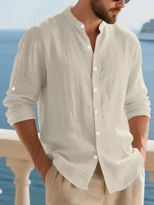 Men's linen Breathable long-sleeved button-down shirt, Casual Button Up, Menswear, plain Henry collar, simple and casual design, lightweight and loose fit, suitable for summer beach wear