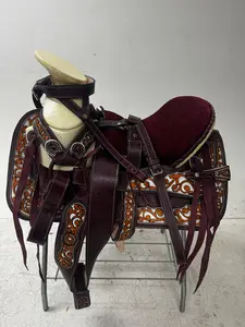 Charro Saddle – Vino Leather with Floral Orange & White Details (15.5”) “El Granate”