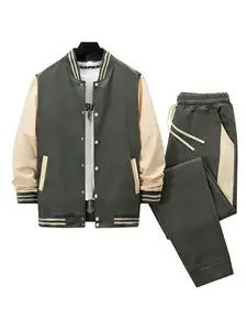 2026 New Men's Baseball Jacket Set, Color-Block Splice Stand Collar Button Cardigan with Jogger Sweatpants Two-Piece Set, Casual Trendy Spring and Autumn Sportswear, Suitable for Everyday Casual Wear