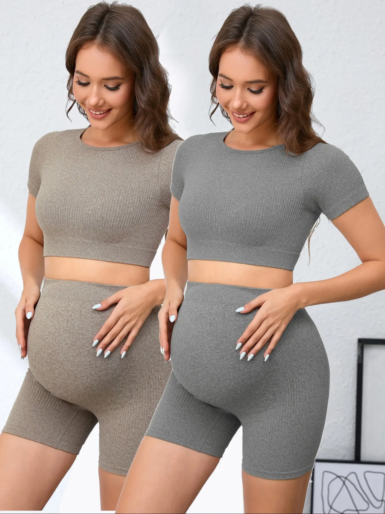 Women's Maternity 2 Piece Outfit Set - Crop Shortsleeve Top & Shorts for Pregnancy Summer Outfits - Yoga Workout Lounge Wear Activewear Sets - Maternity Outfits - Prenatal Maternity Clothing - Maternity Summer Clothes