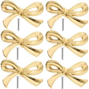 Gold Bow Drawer Pulls, 6PCS Brass Forged, Gold Bow Dresser Knobs, Bow Knobs for Cabinets Drawers with Mounting Screws