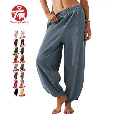 Tanming Womens Baggy Wide Leg Pants Relaxed Palazzo Harem Pants Elastic Waist with Pockets