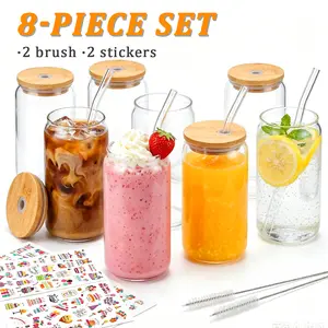 4/6/8 Pcs Glass Cups With Bamboo Lids And Straws,Glass Tumbler With Straw And Lid, Ice Coffee Glasses Cute Tumbler Cup Great For Soda Boba Tea Cocktail Include 2 Cleaning Brushes