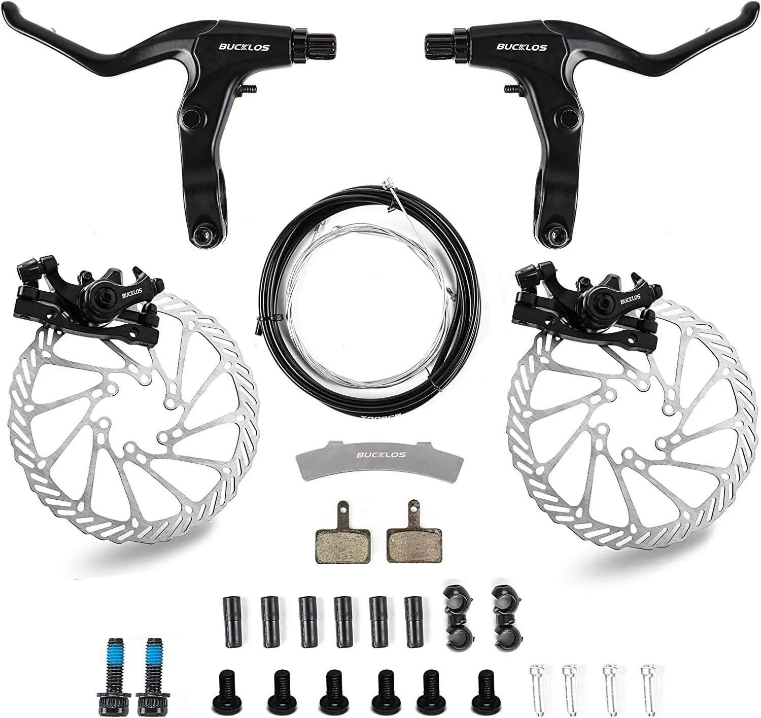 BUCKLOS Aluminum Alloy Mechanical Disc Brake Kit with 160mm Rotors, Single Piston Calipers, IS/PM Adapters for MTB Bikes (Mountain Biking), Noise-Free Easy Braking, Handlebars, Universal Fit, Components & Parts, Folding Bike, Road Cx/Gravel Bike