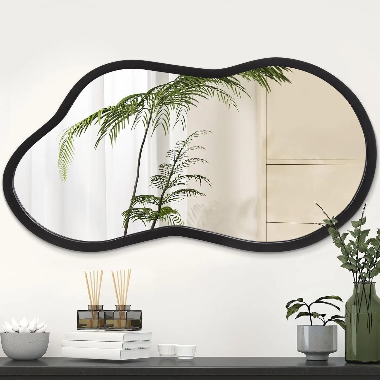 AAZZKANG Black Wall Mirror with Wood Framed Small Irregular Hanging Mirrors Modern Asymmetrical for Bedroom Living Room Entryway Bathroom Decorative 18"x10