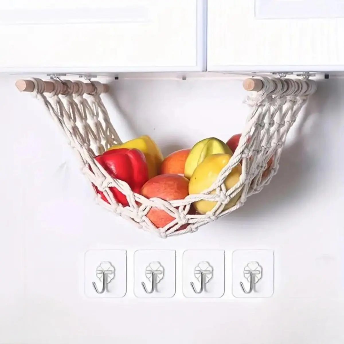 Hanging Fruit Basket, Wooden Hanging Fruit Storage Organiser Basket with 4 Hooks, Creative Fruit & Vegetable Hammock for Home Kitchen Organizers and Storage, Weaving Storage Basket, Vegetable Baskets for Kitchen