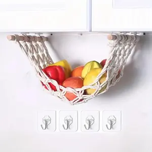 Hanging Fruit Basket, Wooden Hanging Fruit Storage Organiser Basket with 4 Hooks, Creative Fruit & Vegetable Hammock for Home Kitchen, Weaving Storage Basket
