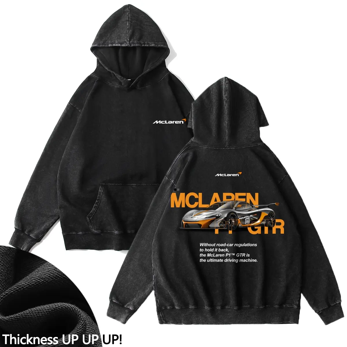 Menswear 380g Cotton Longsleeve Hoodie - Autumn-Winter GTR Cars Printed, Vintage Street Fashion, Soft Fabric, Washed Retro Fade Craft, Basic Casual Pullover, Machine Washable, Warm Unisex Tops