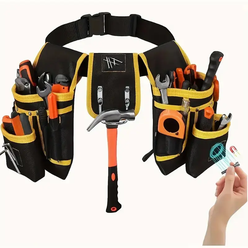 Tool Belt,Magnetic Tool Pouch,27-Pockets Heavy Duty Padded Tool Belts for Men,Detachable Adjustable Tool Pouch Bag for Electrician,Carpenter,Construction,Work Apron,Utility Belt,Black,Yellow, Construction Tool Organizer, Convenient Tool Pockets,summervibe