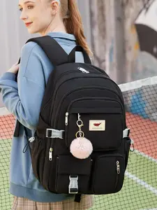Cute Large Capacity Backpack with Pom Pom Charm, Casual School Bag for Women & Girls, Fashionable Backpack for Daily Use, Cute Versatile Backpack