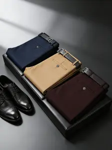 3-Pack Men's Business Casual Straight Trousers. Wrinkle-resistant, smooth, structured fabric, no creases when sitting long. Black/Khaki/Burgundy. Ideal for office & daily wear. Cost-effective for quality men. (Belt not included)