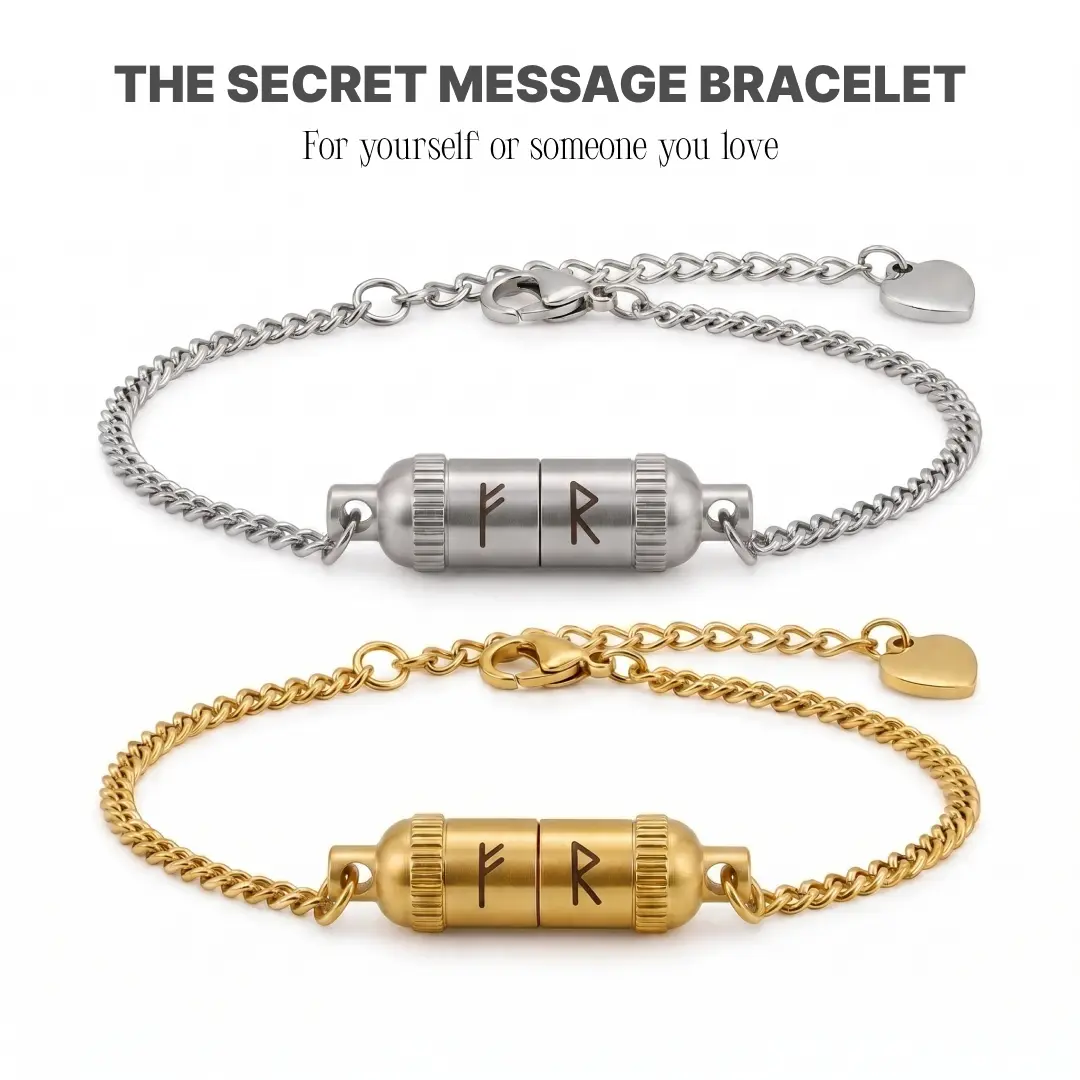 Hidden Message Chain Bracelet with Secret Note Inside - Stainless Steel Rune Capsule Jewelry Gift for Her or Him