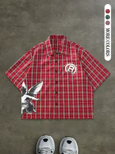 Men's Plaid Collared Shirt Casual Button Up Classic Casual Angel Print Street Fashion, Casual Stylish, Loose-Fitting Short Sleeve, Comfortable Outdoor Wear, All Seasons