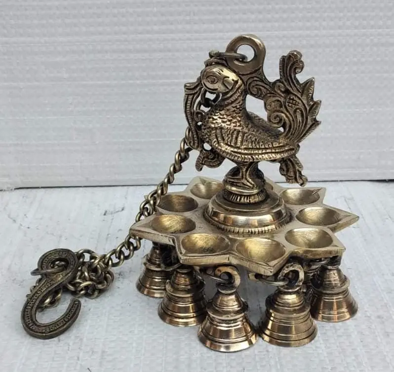 Antique Solid Brass Peacock Hanging Oil Lamp with Bells, Star Tray, 20"-Chain - Vintage Ornate Religious Home Decor for Themed Indoor Living Spaces, Oil Lighting Ornament