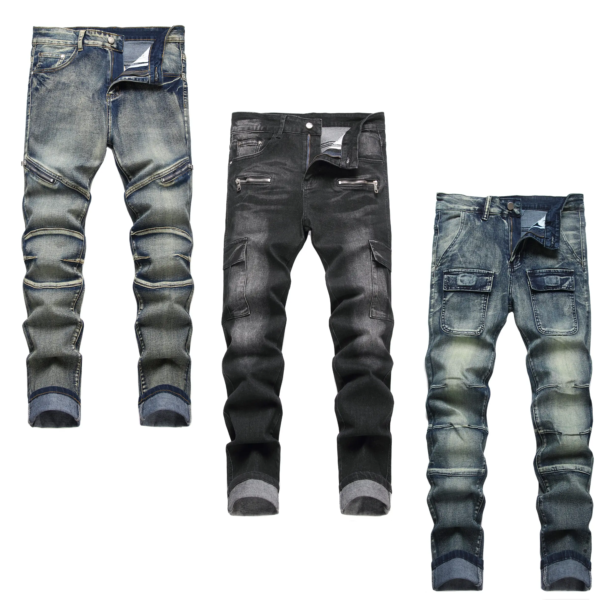 JUNBAOSS Men's 1-3 Pack Biker Zipper Deco Jeans, Mens Slim Fit Stretch Jeans Ripped Skinny Jeans for Men, Casual Fashion Straight Leg Comfort Flex Waist Cargo Denim Pants, Menswear Trouser Streetwear Jean backtoschool