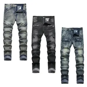 JUNBAOSS Men's 1-3 Pack Biker Zipper Deco Jeans, Mens Slim Fit Stretch Jeans Ripped Skinny Jeans for Men, Casual Fashion Straight Leg Comfort Flex Waist Cargo Denim Pants, Menswear Trouser Streetwear Jean