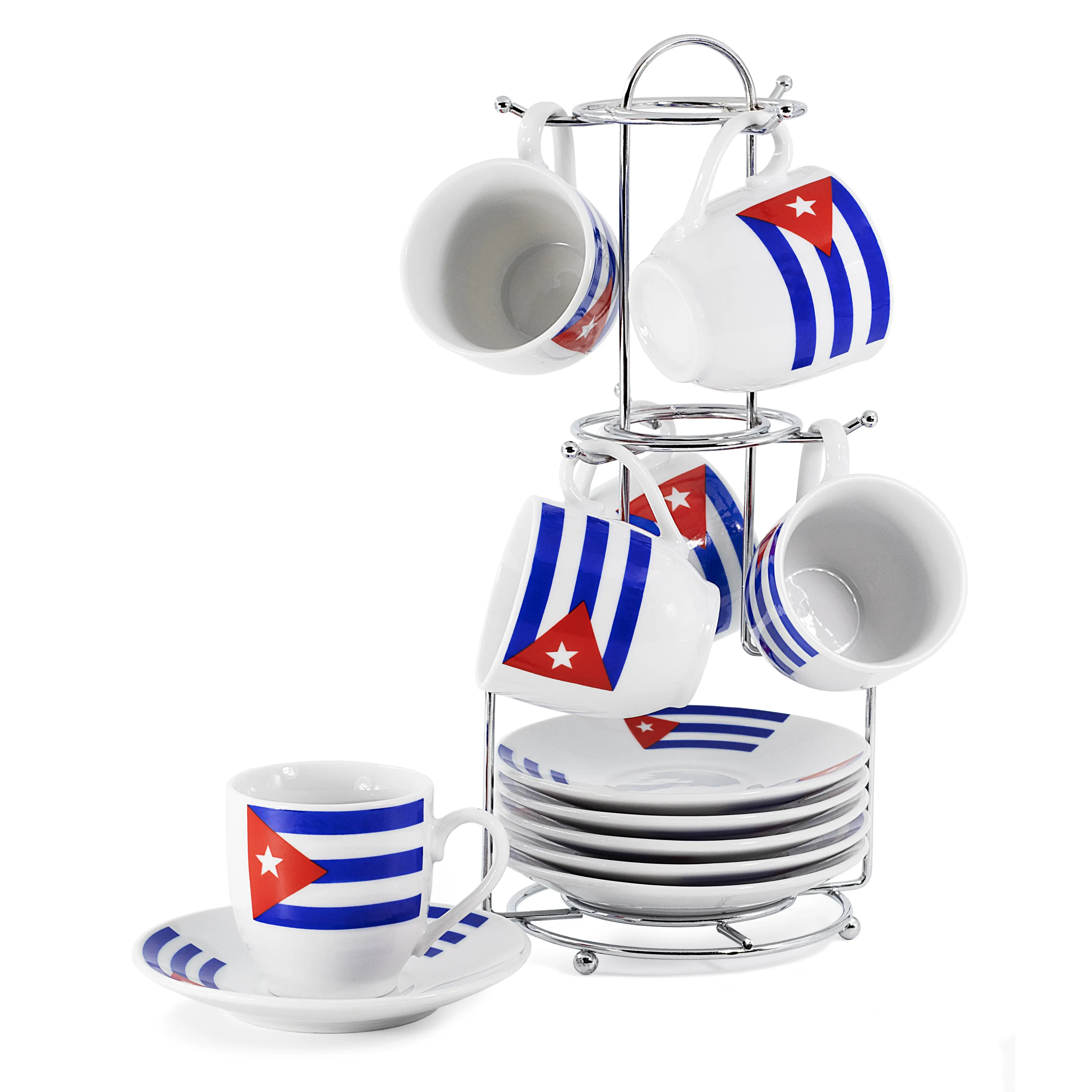 Cuban Flag White Porcelain Espresso 3.0 fl oz Cup and Saucer Set, 13 Pieces, 6 Cups and 6 Saucers with Metal Stand