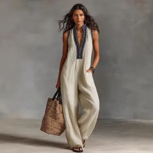 2026 Summer Women's Linen Blend Embroidered Jumpsuit - Sleeveless V-Neck Wide Leg One Piece Outfit for Vacation biker shorts women women's workout sets summer thermal shorts Retro Low-Waist Fluffy Stitching Shorts Backless Halter Crop Top Set