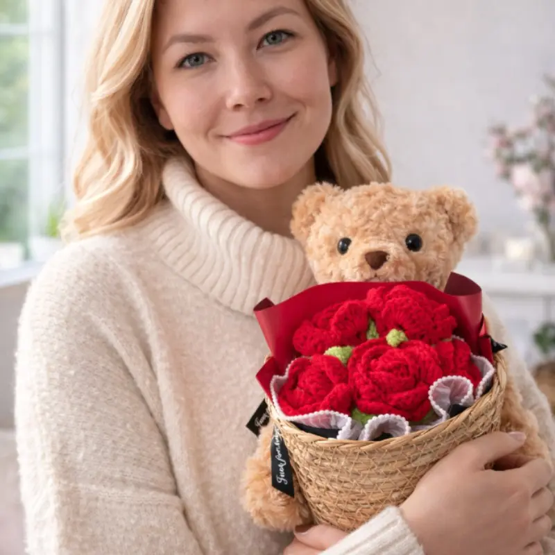 Handmade Crochet Rose Bouquet Teddy Bear Doll, Valentine's Day & Mother's Day Party Gift, Anniversary Present with Packaging, Unique Birthday Gifts, Birthday Gifts Basket