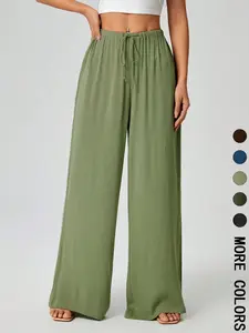 Women's Solid Color Tie Waist Wide Leg Pants,   Casual Trousers for Daily Wear, Ladies Bottoms for All Seasons
