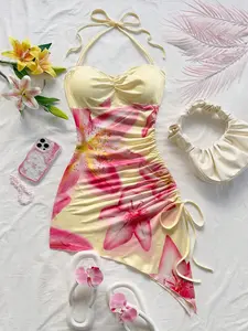 Women’s Elegant Halter Dress with Lily Print, Sleeveless Design Featuring A Tie Neck and Ruched Side Panels—A Sweet, Fashionable Vacation-Style Piece Suitable for Dates, Parties, The Beach, Everyday Wear, and More.