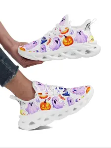 Women's Halloween Themed Cartoon Ghost & Pumpkin Print Lace Up Running Shoes, Casual Comfortable Breathable Lightweight Sports Shoes, Female All-match Round Toe Chunky Sneakers for Daily Wear