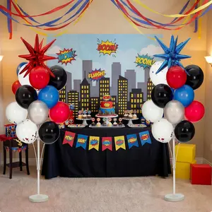 2 Sets 62 Inch Hero Balloon Tower Kit Red Blue Black Silver Star Balloons Party Column Decor