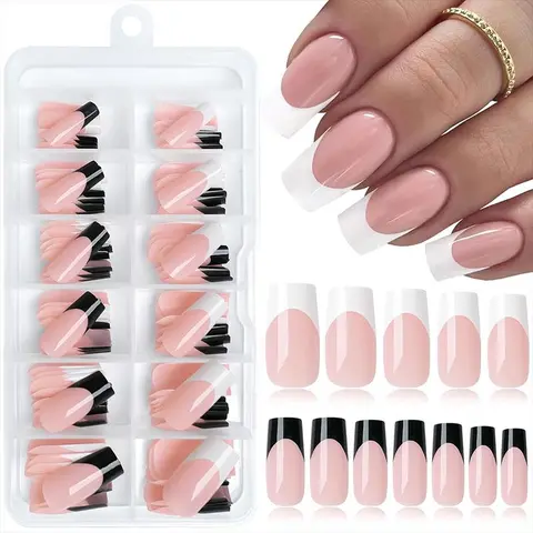 French Style Press on Nails, 120pcs/box Glossy Medium Square Full Cover Fake Nails, Natural Skin False Nails for Women & Girls DIY Nail Art Stick on Manicure