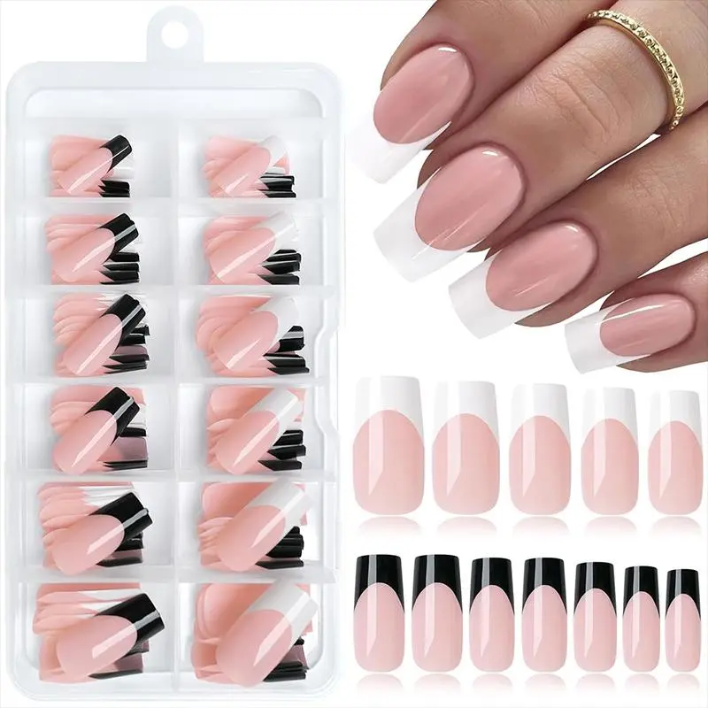 French Style Press on Nails, 120pcs/box Glossy Medium Square Full Cover Fake Nails, Natural Skin False Nails for Women & Girls DIY Nail Art Stick on Manicure