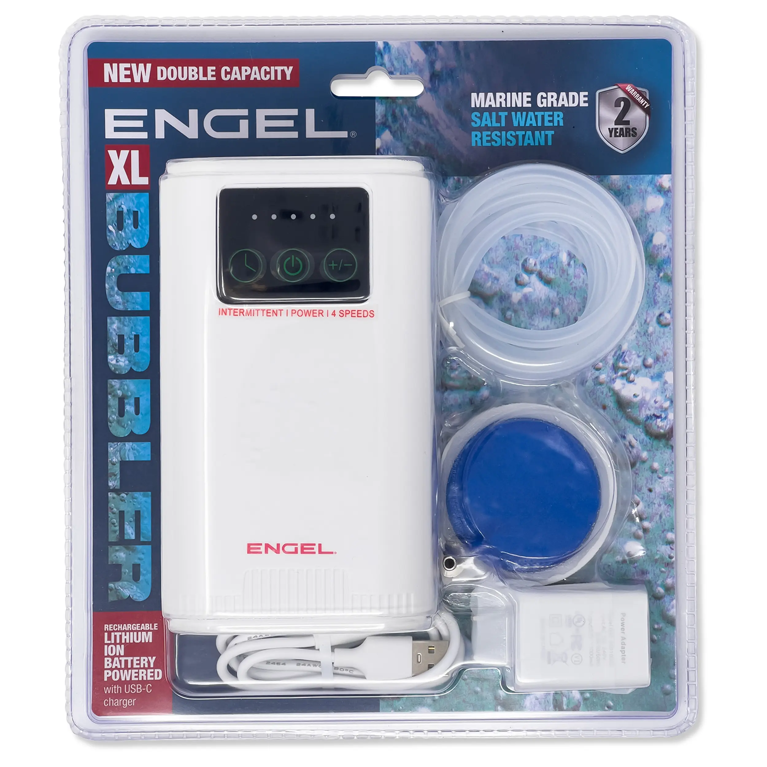 Engel Extra Large Lithium-Ion Rechargeable Live Bait Aerator Pump, Battery-Powered Bubbler for Bait Buckets, 4 Speed & Intermittent Settings, 8" x 3" x 4" Size, Hockey-Puck Style Aerator Stone