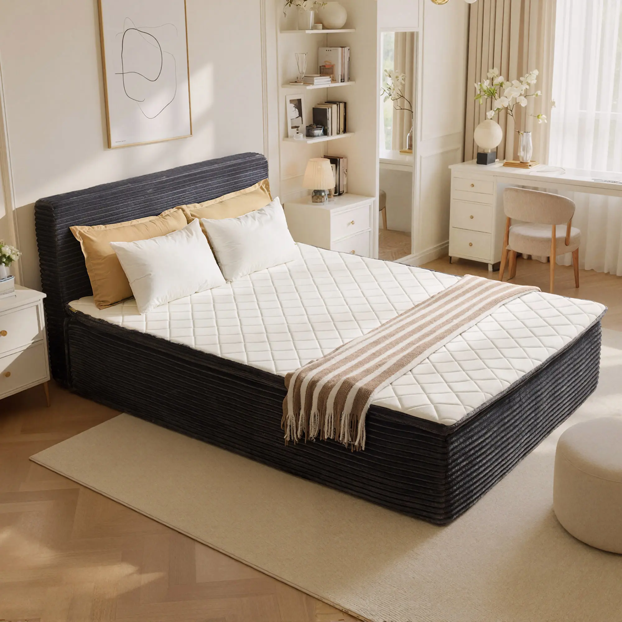 [DealsforYouDays] ALTRIGUS Modern Boneless Bed All-in- One, Floor Bed with Cloud Plush Corduroy For Deep Sleep, Medium Firm Memory Foam for Back Pain Relief, Motion Isolation Mattress in a Box & No Assembly