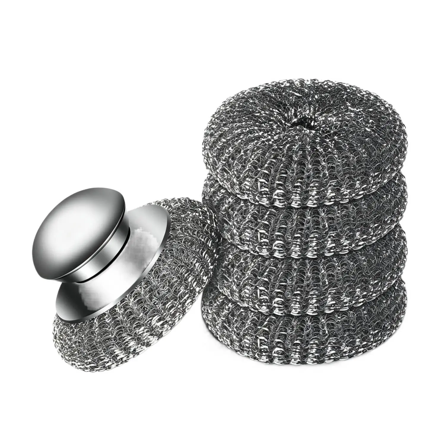 5Pcs Stainless Steel Wool Scrubber Kit with Handle & Replacement Metal Pads, Kitchen Cleaner Tool for Scouring Stubborn Messes from Cast Iron Pots, Grill (1 Scrubber + 4 Pads), Brush