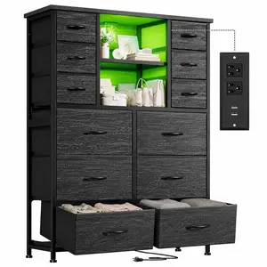 RaybeeFurniture 12 Drawer Dresser for Bedroom with LED Lights & Charging Station, Tall Fabric Dresser with Hutch Shelves, Wide Chest of Drawers Storage Organizer for Closet, Entryway, Dorm Room, Apartment Essentials,  Aesthetic Dresser for Small Spaces