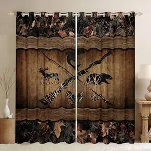 Feelyou Velvet Blackout Curtains - 2-Piece Farmhouse All-Over Print Drapes, Rustic Retro Camo Design with High-Definition Wildlife Bear Deer Fish Duck Decor, for Boys' Cabin Lodge Hunting Spaces