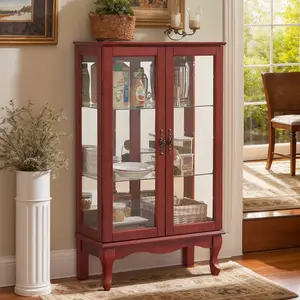 Eyisean 44" Lighted Curio Cabinet, 3-Tier Glass Display Cabinet with Glass Doors & Adjustable Shelves, Mirrored Back Panel, Light Blub Included, Vintage China Cabinet for Living Room, Kitchen