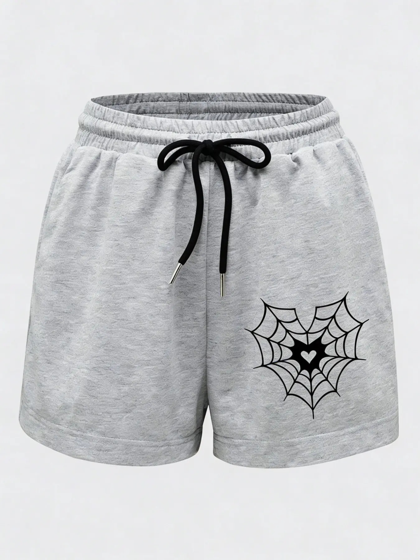 Heather Grey Spider Web Heart Graphic Sweat Shorts for Women, Soft Cotton Blend Drawstring Lounge Shorts, Adjustable Drawstring Waist, E-Girl Gothic Streetwear, Squat Proof Athletic Shorts for Gym Workout, Casual Daily Wear, Y2K Aesthetic Outfit