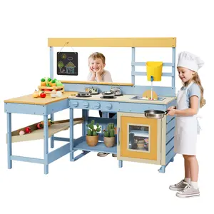 GAOMON Mud Kitchen for Kids Outdoor Wooden Pretend Play Kitchen Set with See-Through Planter Box, Removable Sink & Faucet, Chalkboard, Storage Shelves