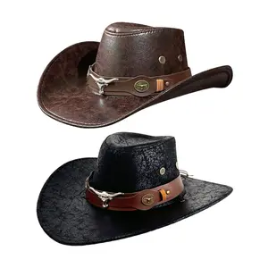 Men's Classical Western Cowboy Hat with Bull Head Decor Western Wide Brim Hat with Windproof Cord