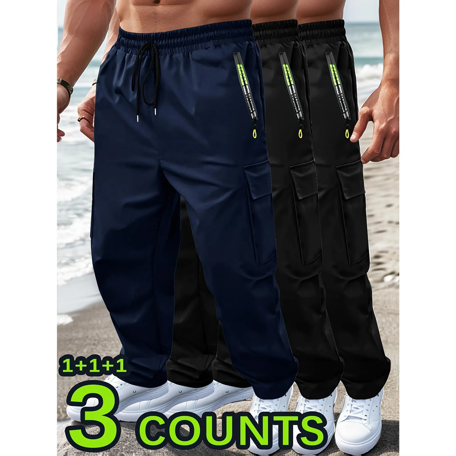 3-pack men's multi pocket workwear sports pants Ice breathable elastic waistband drawstring ankle pants Multi color high elasticity loose outdoor casual sweatpants Large size versatile zipper pocket commuting pants