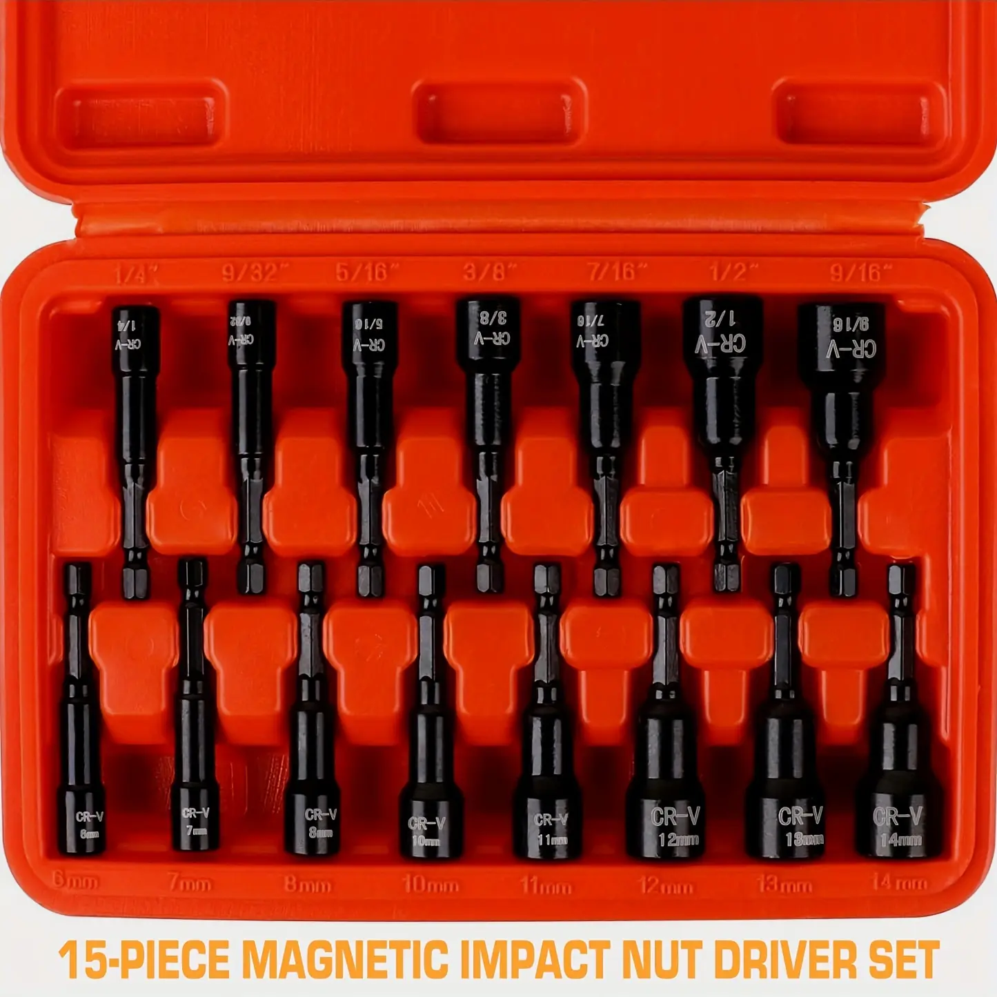 Magnetic Nut Driver Set 15-Piece, SAE (1/4" - 9/16") and Metric (6-14mm) Impact, Chrome Vanadium Steel 1/4" Hex Shank (Magnetic Nut Driver Set) Tool Tool Box Tool
